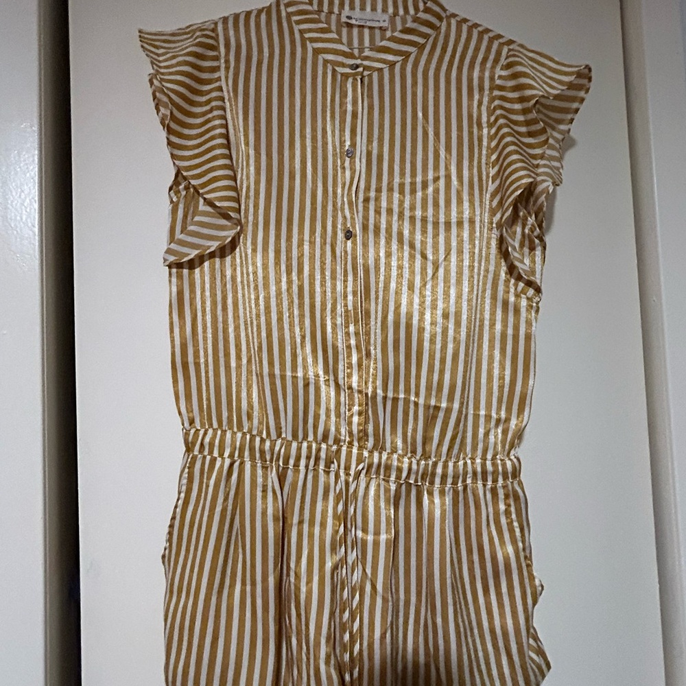 Striped Gold and White Ruffle Sleeve Romper